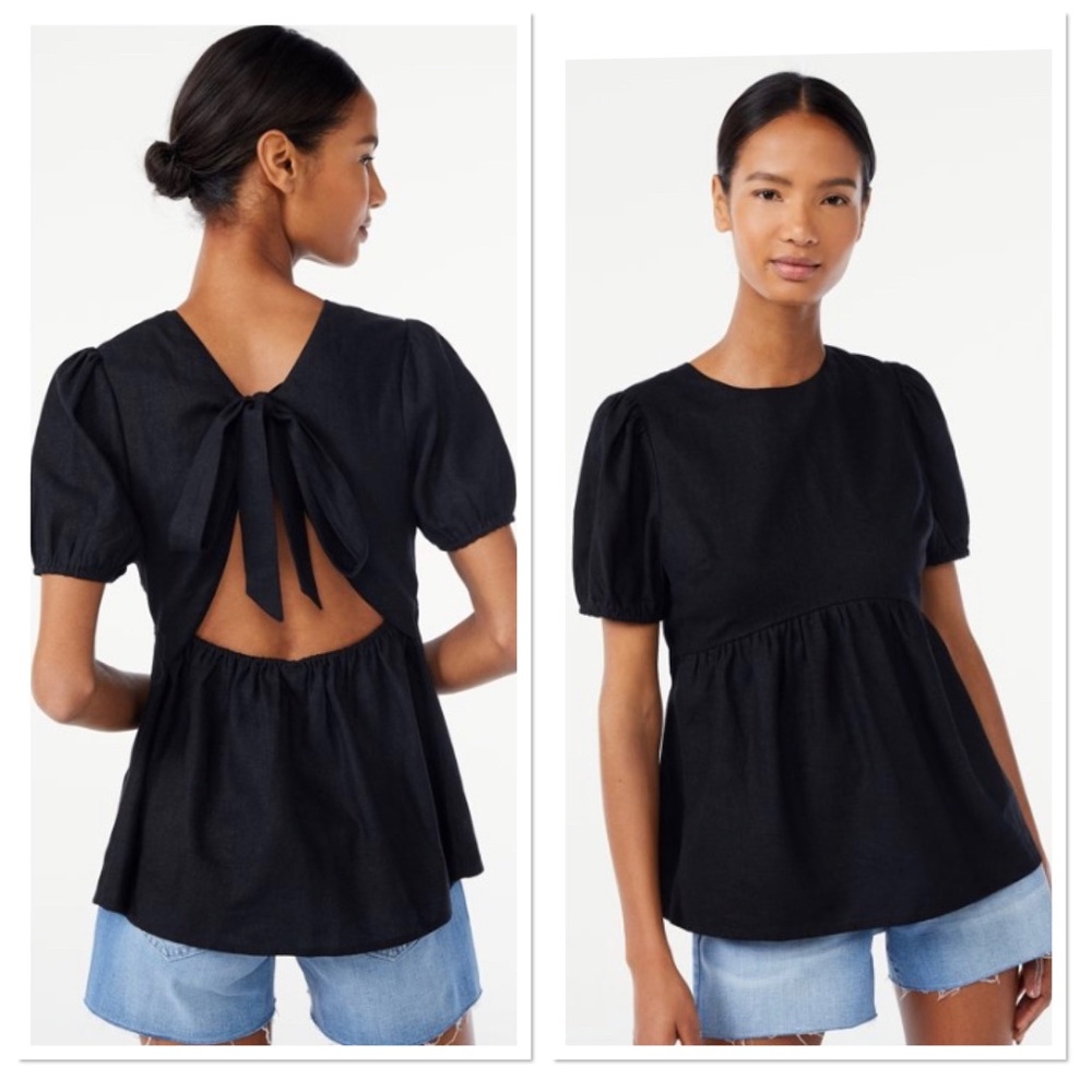Scoop  Linen Blend Peplum Top with Puff Sleeves, Size M / L